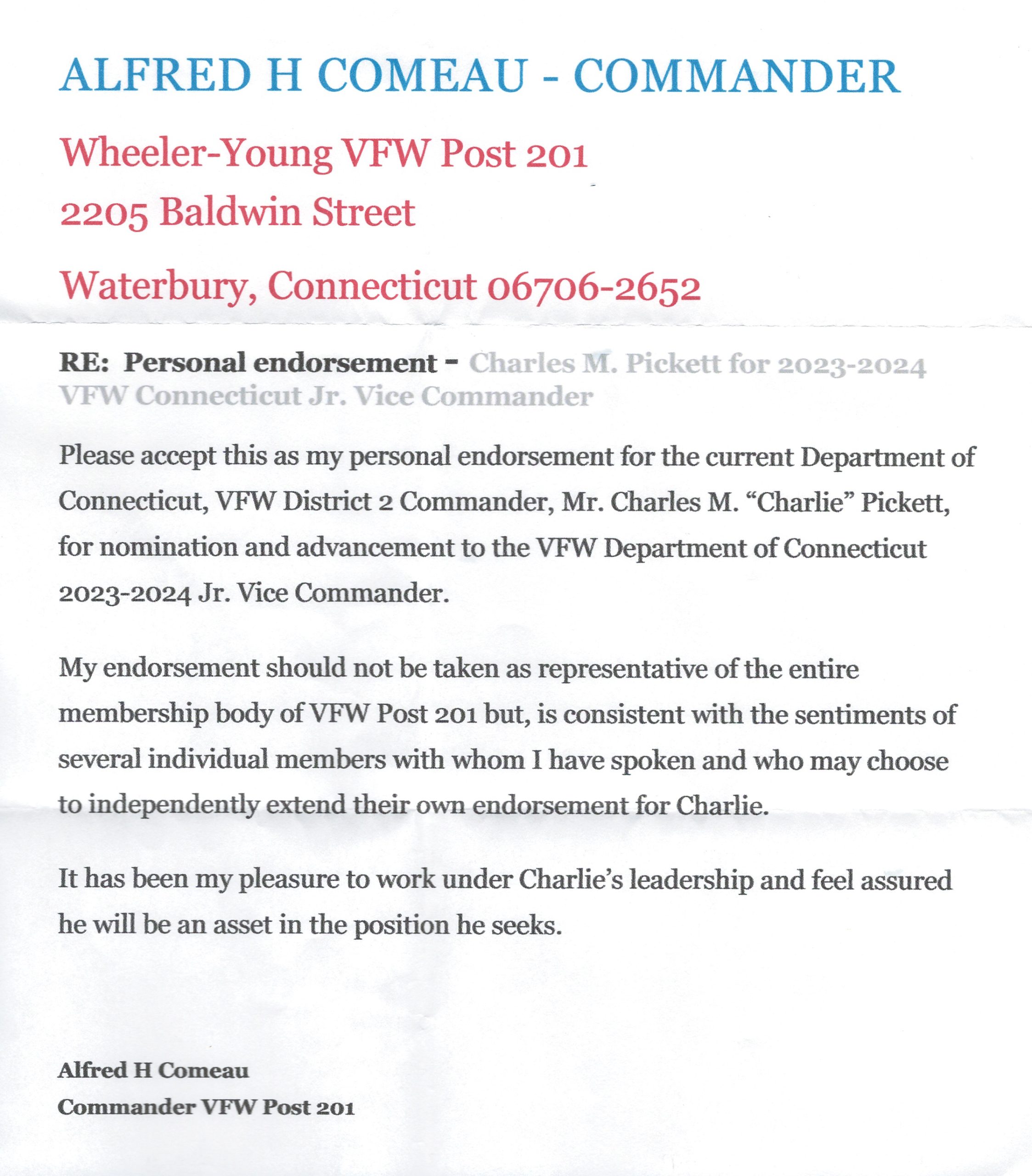 PICKETT RECOMMENDED BY POST 201 COMMANDER